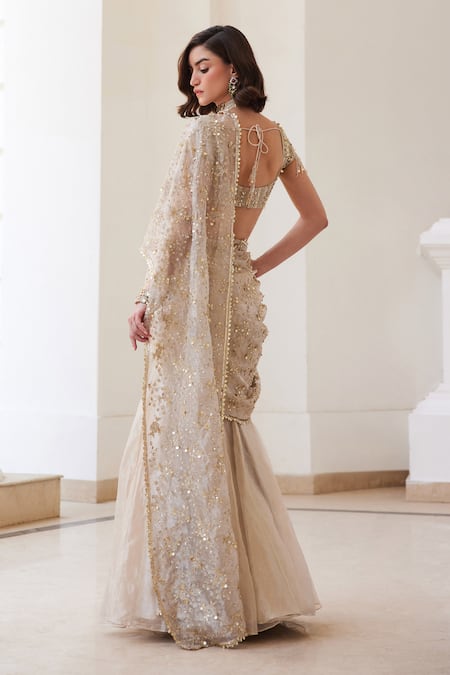 Label Sanya Gulati Ivory Gold Sequined Pre-Draped Saree Set 