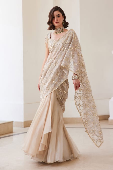 Shop_Label Sanya Gulati_Ivory Silk, Tissue Sequins, Mirrors, Cut Work Gold Pre-draped Saree Set _Online_at_Aza_Fashions