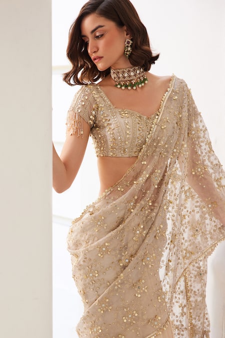 Shop_Label Sanya Gulati_Ivory Silk, Tissue Sequins, Mirrors, Cut Work Gold Pre-draped Saree Set 