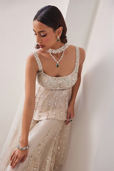 Buy_Label Sanya Gulati_Ivory Silk, Tissue Sequins, Pearls Square Neck Gold Embellished Kurta Set _Online_at_Aza_Fashions