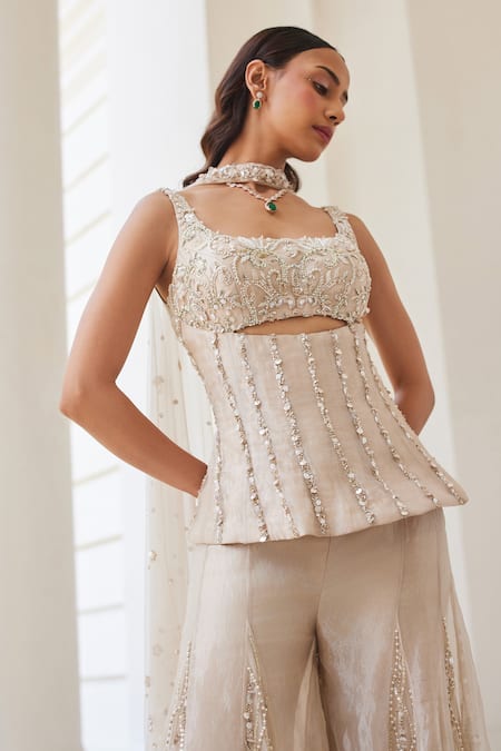 Label Sanya Gulati_Ivory Silk, Tissue Sequins, Pearls Square Neck Gold Embellished Kurta Set _at_Aza_Fashions