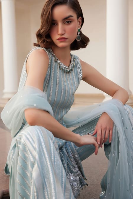 Buy_Label Sanya Gulati_Blue Georgette Mirrors, Zari Round Neck Powder Embellished Kurta Set _Online_at_Aza_Fashions