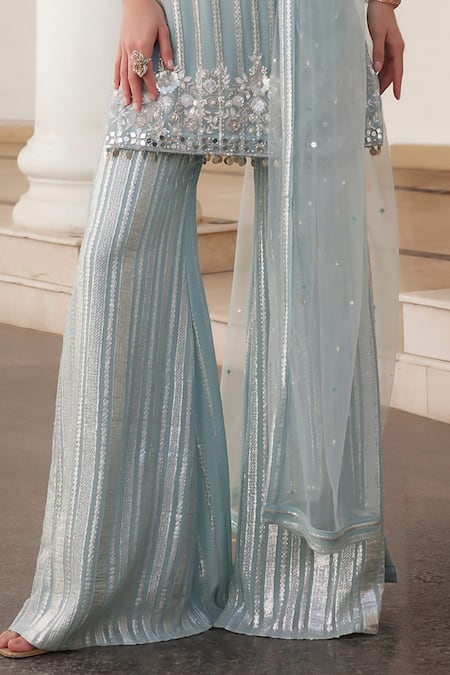 Shop_Label Sanya Gulati_Blue Georgette Mirrors, Zari Round Neck Powder Embellished Kurta Set _Online_at_Aza_Fashions