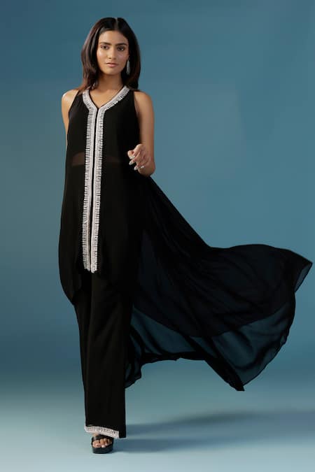 Shop_Two Sisters By Gyans_Black Georgette Sequins V-neck Designer Straight Kurta Set _Online_at_Aza_Fashions