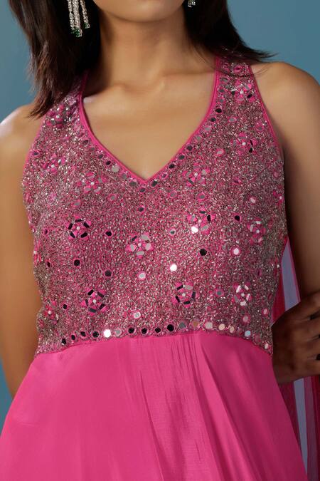Two Sisters By Gyans_Pink Chinon Sequins V-neck Designer Gown _Online_at_Aza_Fashions
