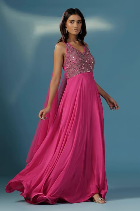 Buy_Two Sisters By Gyans_Pink Chinon Sequins V-neck Designer Gown _Online_at_Aza_Fashions