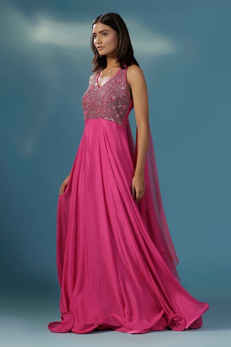 Shop_Two Sisters By Gyans_Pink Chinon Sequins V-neck Designer Gown _Online_at_Aza_Fashions