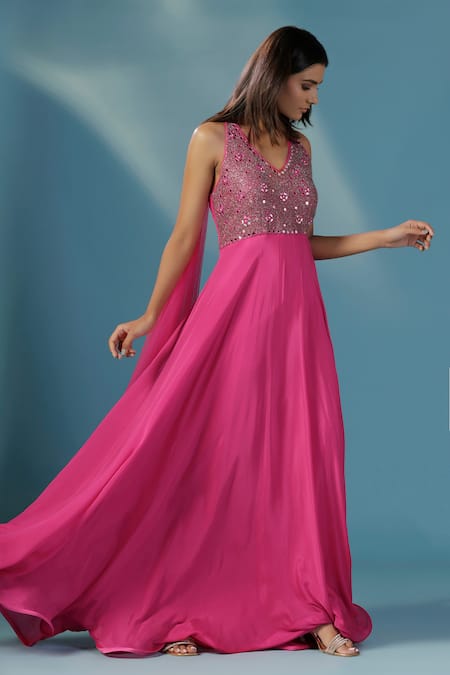 Two Sisters By Gyans_Pink Chinon Sequins V-neck Designer Gown _at_Aza_Fashions