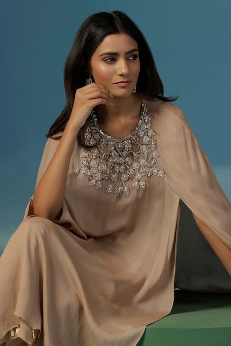 Two Sisters By Gyans_Gold Georgette Beads, Sequins Round Neck Designer Shimmer Kurta Set _Online_at_Aza_Fashions