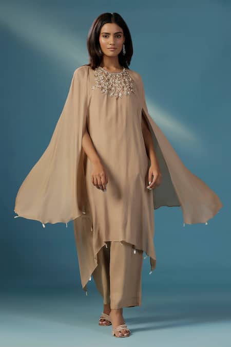 Two Sisters By Gyans Gold Georgette Beads, Sequins Round Neck Designer Shimmer Kurta Set 