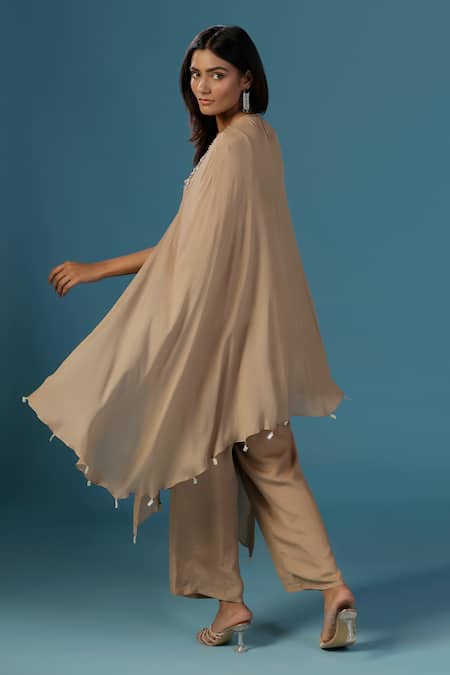 Shop_Two Sisters By Gyans_Gold Georgette Beads, Sequins Round Neck Designer Shimmer Kurta Set _at_Aza_Fashions