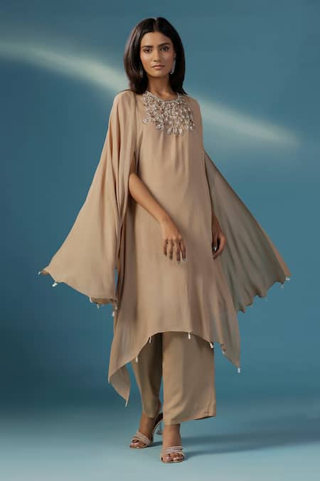 Buy_Two Sisters By Gyans_Gold Georgette Beads, Sequins Round Neck Designer Shimmer Kurta Set _Online_at_Aza_Fashions