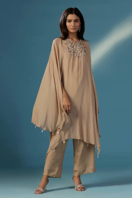 Shop_Two Sisters By Gyans_Gold Georgette Beads, Sequins Round Neck Designer Shimmer Kurta Set _Online_at_Aza_Fashions