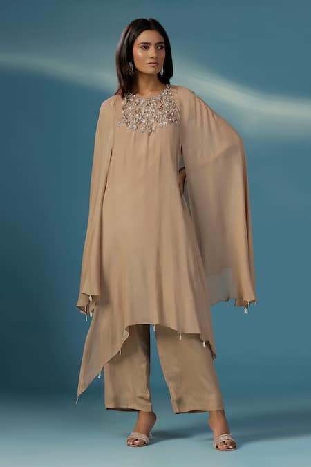 Two Sisters By Gyans_Gold Georgette Beads, Sequins Round Neck Designer Shimmer Kurta Set _at_Aza_Fashions