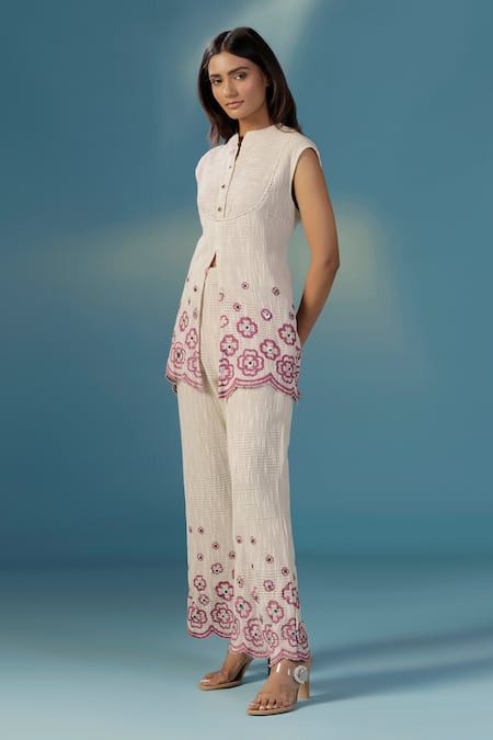 Two Sisters By Gyans White Embroidery Collared Organic Jute Tunic And Pant Set Online at Aza Fashions Two Sisters By Gyans_White Embroidery Collared Organic Jute Tunic And Pant Set _Online_at_Aza_Fashions