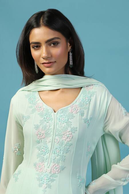 Buy_Two Sisters By Gyans_Blue Georgette Embroidery, Sequins Split V-neck Anarkali Set With Dupatta _Online_at_Aza_Fashions