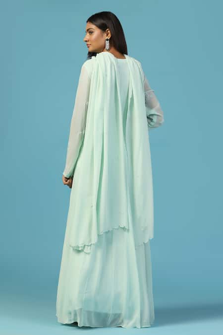 Two Sisters By Gyans_Blue Georgette Embroidery, Sequins Split V-neck Anarkali Set With Dupatta _Online_at_Aza_Fashions