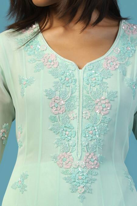 Shop_Two Sisters By Gyans_Blue Georgette Embroidery, Sequins Split V-neck Anarkali Set With Dupatta _Online_at_Aza_Fashions