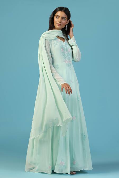 Two Sisters By Gyans_Blue Georgette Embroidery, Sequins Split V-neck Anarkali Set With Dupatta _at_Aza_Fashions