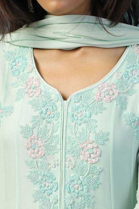 Buy_Two Sisters By Gyans_Blue Georgette Embroidery, Sequins Split V-neck Anarkali Set With Dupatta 