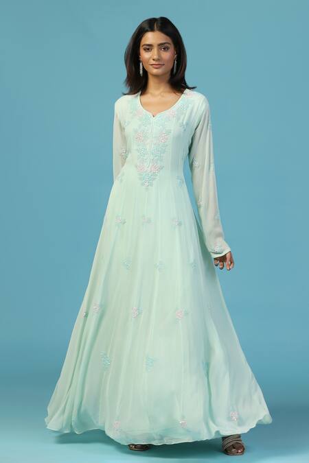 Shop Two Sisters By Gyans Blue Georgette Embroidery, Sequins Split V-neck Anarkali Set With Dupatta Shop_Two Sisters By Gyans_Blue Georgette Embroidery, Sequins Split V-neck Anarkali Set With Dupatta