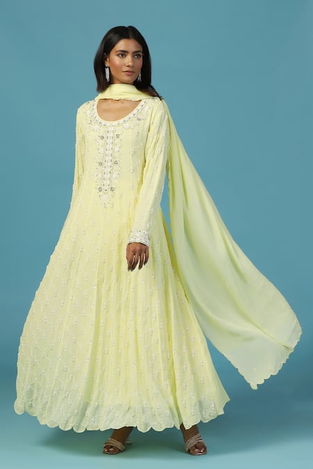 Two Sisters By Gyans_Yellow Georgette Pearls, Sequins, Beads Round Neck Anarkali Set _Online_at_Aza_Fashions