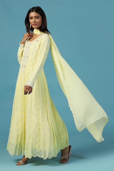 Buy_Two Sisters By Gyans_Yellow Georgette Pearls, Sequins, Beads Round Neck Anarkali Set _Online_at_Aza_Fashions