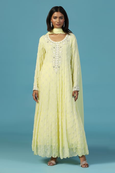 Two Sisters By Gyans_Yellow Georgette Pearls, Sequins, Beads Round Neck Anarkali Set _at_Aza_Fashions