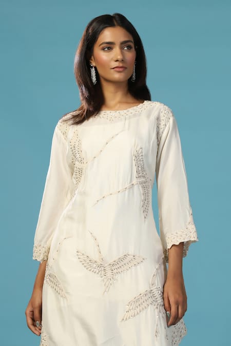 Shop_Two Sisters By Gyans_Ivory Chanderi Cotton Sequins Round Neck Kurta Pant Set _Online_at_Aza_Fashions