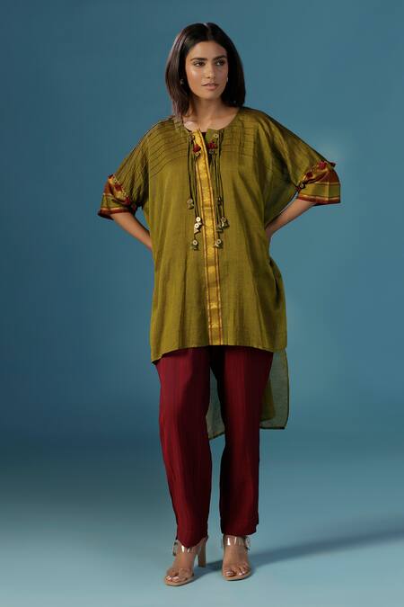 Shop Two Sisters By Gyans Green Chanderi Cotton Round Neck Kaftan And Pant Set Online at Aza Fashions Shop_Two Sisters By Gyans_Green Chanderi Cotton Round Neck Kaftan And Pant Set _Online_at_Aza_Fashions
