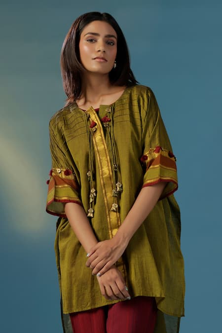 Buy Two Sisters By Gyans Green Chanderi Cotton Round Neck Kaftan And Pant Set Buy_Two Sisters By Gyans_Green Chanderi Cotton Round Neck Kaftan And Pant Set