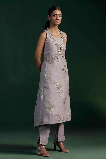 Buy_Two Sisters By Gyans_Gray Embroidery, Beads Round Neck, Grey Kurta Set With Jacket _Online_at_Aza_Fashions