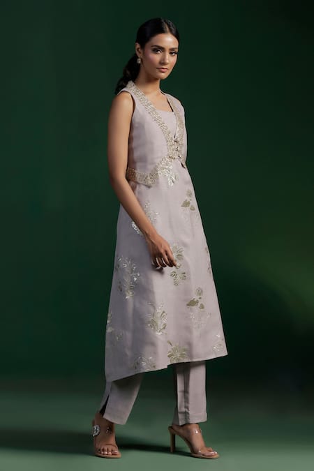 Shop_Two Sisters By Gyans_Gray Embroidery, Beads Round Neck, Grey Kurta Set With Jacket _Online_at_Aza_Fashions