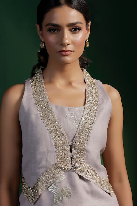 Shop_Two Sisters By Gyans_Gray Embroidery, Beads Round Neck, Grey Kurta Set With Jacket 