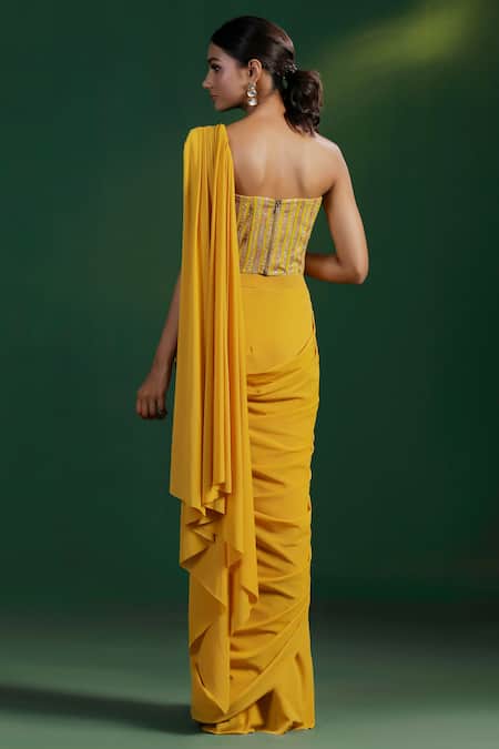 Two Sisters By Gyans Yellow Pre-Draped Saree with Blouse 