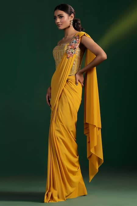 Buy_Two Sisters By Gyans_Yellow Lycra Sequins, Embroidery Square Neck Pre-draped Saree With Blouse _Online_at_Aza_Fashions