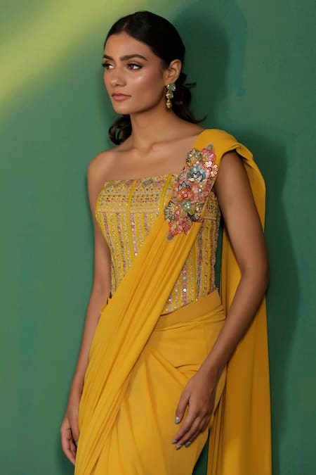 Shop_Two Sisters By Gyans_Yellow Lycra Sequins, Embroidery Square Neck Pre-draped Saree With Blouse _Online_at_Aza_Fashions