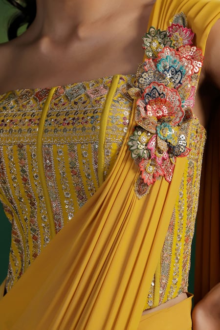 Two Sisters By Gyans_Yellow Lycra Sequins, Embroidery Square Neck Pre-draped Saree With Blouse _at_Aza_Fashions