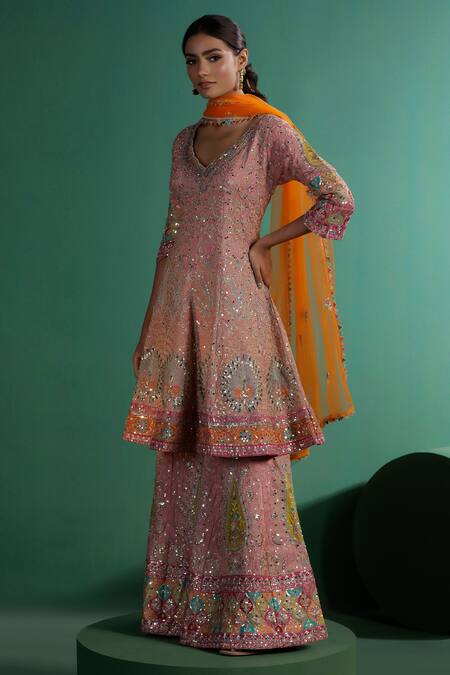 Two Sisters By Gyans_Pink Silk Sequins, Embroidery V-neck Kurta Set_Online_at_Aza_Fashions