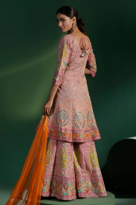 Shop_Two Sisters By Gyans_Pink Silk Sequins, Embroidery V-neck Kurta Set_at_Aza_Fashions