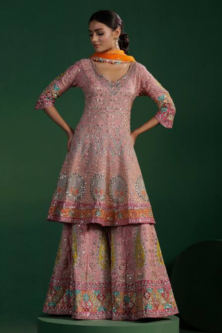 Shop_Two Sisters By Gyans_Pink Silk Sequins, Embroidery V-neck Kurta Set_Online_at_Aza_Fashions