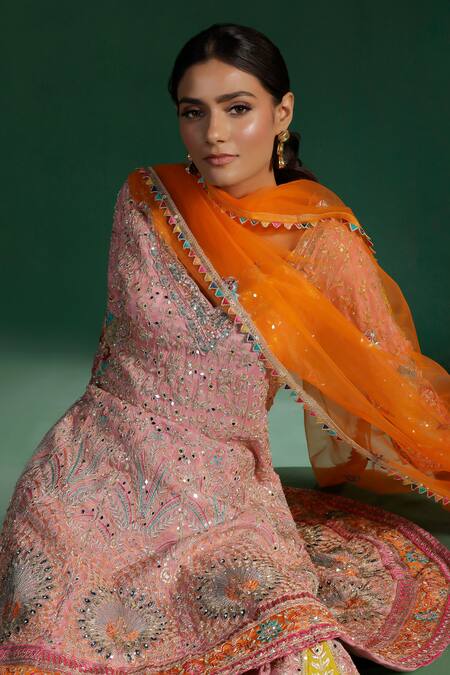 Shop_Two Sisters By Gyans_Pink Silk Sequins, Embroidery V-neck Kurta Set