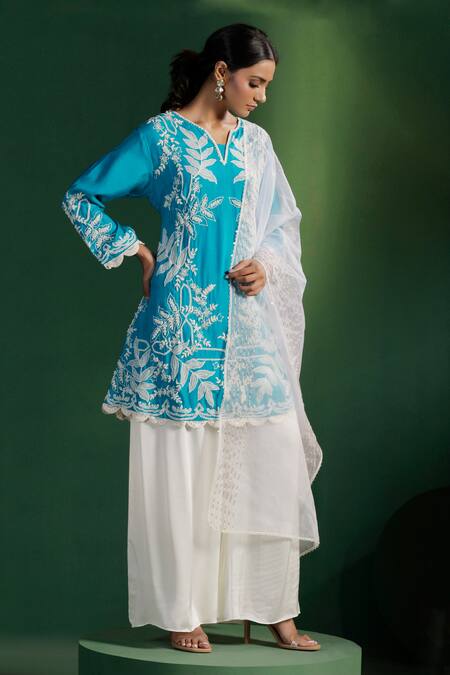 Buy_Two Sisters By Gyans_Blue Silk, Satin, Organza Embroidery Split V-neck Kurta Set _Online_at_Aza_Fashions