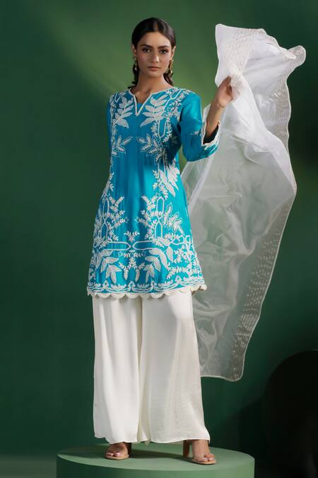 Shop_Two Sisters By Gyans_Blue Silk, Satin, Organza Embroidery Split V-neck Kurta Set _Online_at_Aza_Fashions