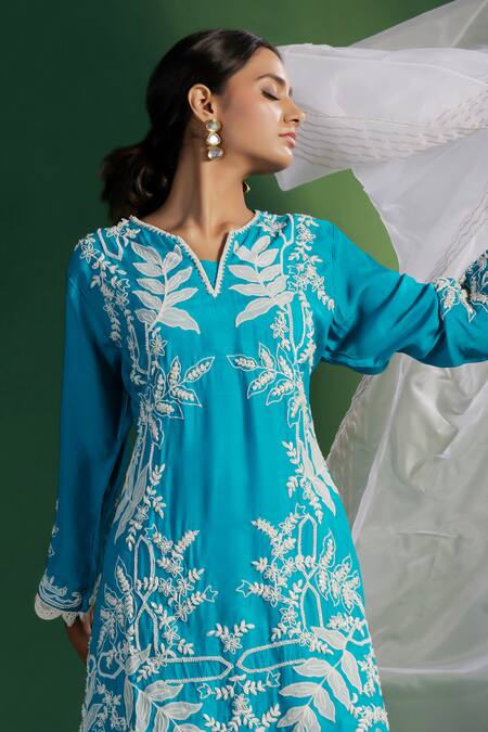 Buy_Two Sisters By Gyans_Blue Silk, Satin, Organza Embroidery Split V-neck Kurta Set 