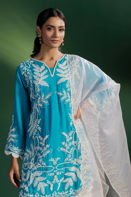 Shop_Two Sisters By Gyans_Blue Silk, Satin, Organza Embroidery Split V-neck Kurta Set 