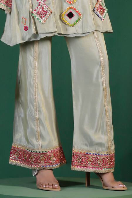 Two Sisters By Gyans_Gray Tissue Embroidery, Sequins Round Neck Grey Top And Pant Set _Online_at_Aza_Fashions