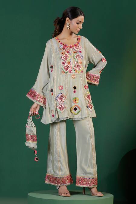 Buy_Two Sisters By Gyans_Gray Tissue Embroidery, Sequins Round Neck Grey Top And Pant Set _Online_at_Aza_Fashions