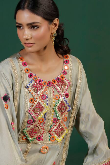 Shop_Two Sisters By Gyans_Gray Tissue Embroidery, Sequins Round Neck Grey Top And Pant Set _Online_at_Aza_Fashions