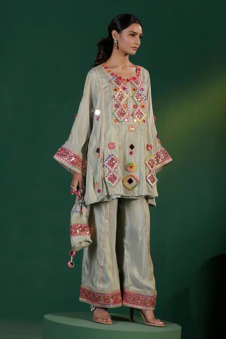 Two Sisters By Gyans_Gray Tissue Embroidery, Sequins Round Neck Grey Top And Pant Set _at_Aza_Fashions